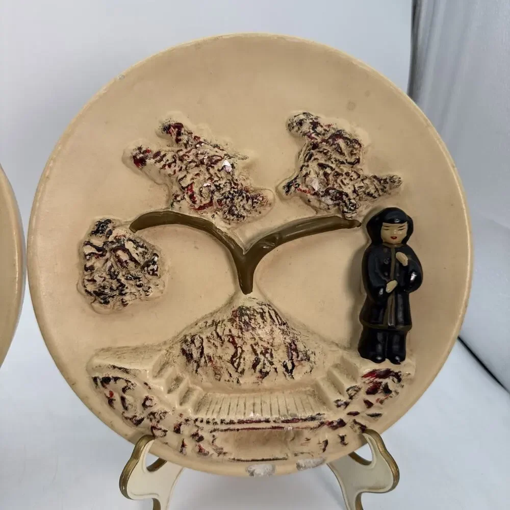 Pair Of Vintage Asian Couple - Chalkware Wall Art Hanging 9” Cherry Blossoms⬇️